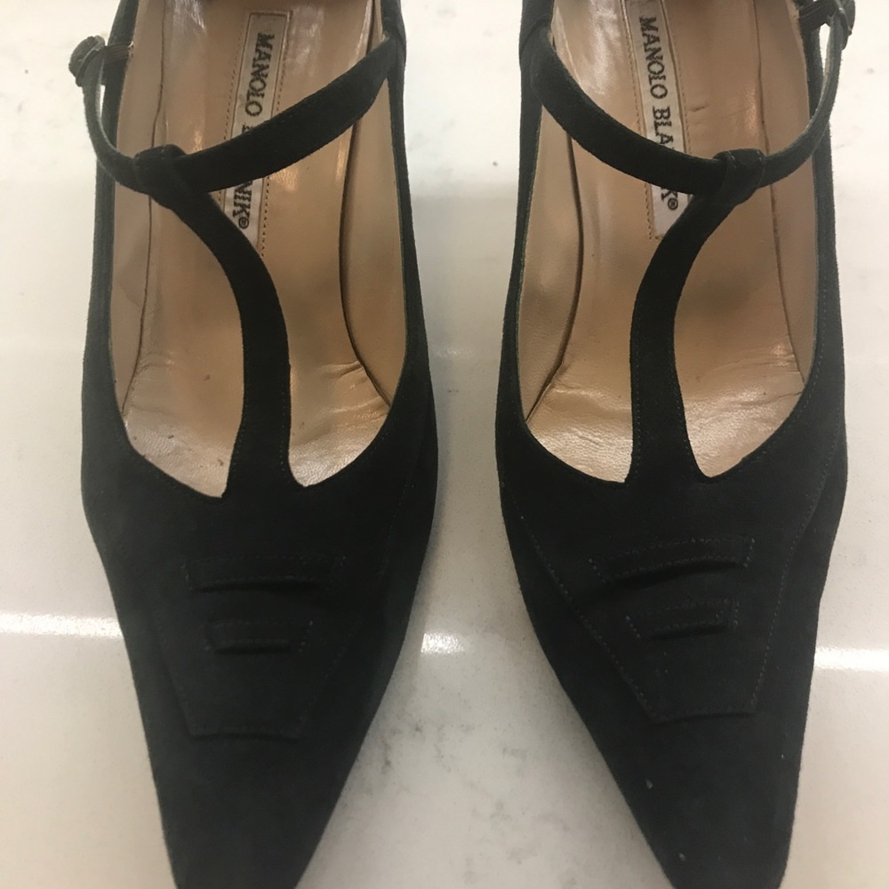 Manolo Blahnik Dark Pine Green Suede T-Strap heels